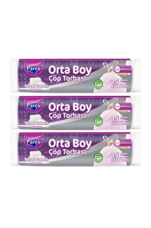 Büzgülü 15'li Çöp Torbası Beyaz Sabun Kokulu Orta Boy 55 x 60 cm Üçlü Paket
