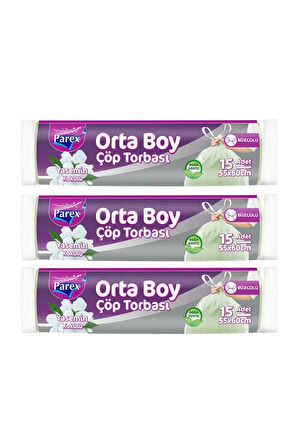 Büzgülü Çöp Torbası Yasemin Kokulu 15'li Orta Boy 55 x 60 cm Üçlü Paket
