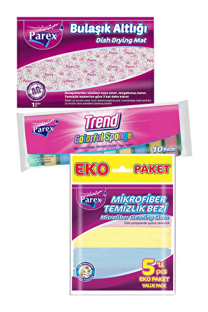 Düz 10'lu Sünger, Bulaşık Altlığı ve Mikrofiber 5'li Temizlik Bezi Paketi