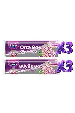 Büzgülü 6 Adet Çöp Torbası Çilek Kokulu Büyük ve Orta Boy