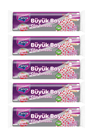 Premium 10'lu Büzgülü Çöp Torbası Çilek Kokulu Büyük Boy 65 x 70 cm Beşli Paket