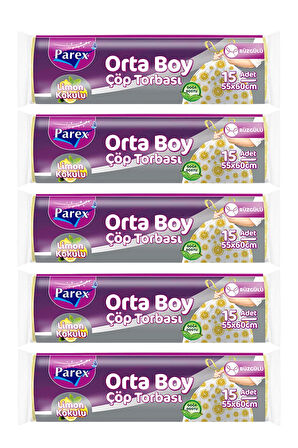 Premium Büzgülü Çöp Torbası Limon Kokulu 15'li Orta Boy 55 x 60 cm Beşli Paket