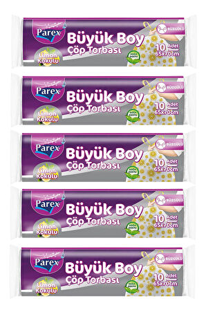 Premium 10'lu Büzgülü Çöp Torbası Limon Kokulu Büyük Boy 65 x 70 cm Beşli Paket