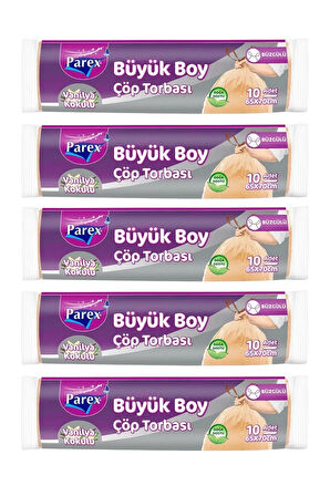 Büzgülü 10'lu Çöp Torbası Vanilya Kokulu Büyük Boy 65 x 70 cm Beşli Paket