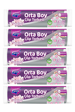 Büzgülü Çöp Torbası Kiraz Çiçeği Kokulu 15'li Orta Boy 55 x 60 cm Beşli Paket