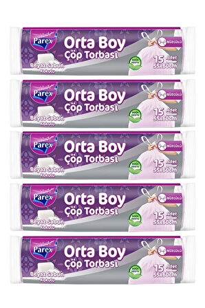 Büzgülü 15'li Çöp Torbası Beyaz Sabun Kokulu Orta Boy 55 x 60 cm Beşli Paket