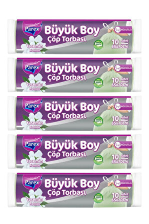 Büzgülü 10'lu Çöp Torbası Yasemin Kokulu Büyük Boy 65 x 70 cm Beşli Paket