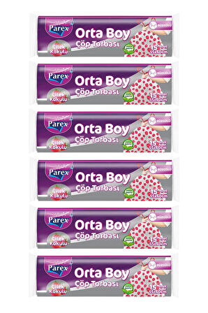 Premium Büzgülü Çöp Torbası Çilek Kokulu Orta Boy 15'li 55 x 60 cm Altılı Paket