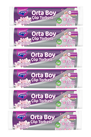 Büzgülü Çöp Torbası Kiraz Çiçeği Kokulu 15'li Orta Boy 55 x 60 cm Altılı Paket