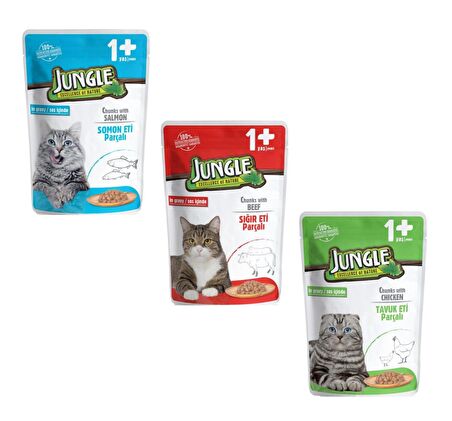 Jungle Pouch Gravy Soslu Karışık Paket Somon-Tavuk-Biftek Yaş Kedi Maması 100 Gr (3 ADET)