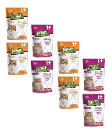 Jungle Pouch Kısırlaştırılmış Gravy Soslu Karışık Paket Tavuk-Biftekli Yaş Kedi Maması 100 Gr (8 ADET) 