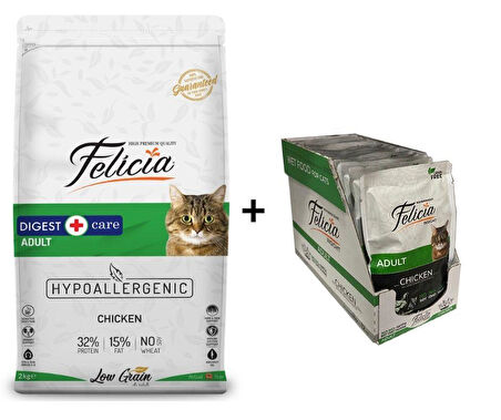 Felicia Tavuklu Yetişkin Kedi Maması 2 kg + 12 Adet Felicia Tavuklu Yaş Mama 85 Gr