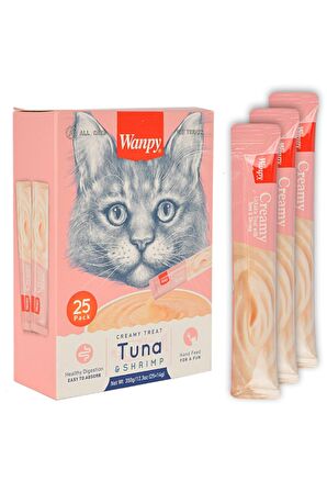 Wanpy Creamy Treat Tuna Karides - Ton Balıklı Krema Yetişkin Kedi Ödülü 25x14 g 