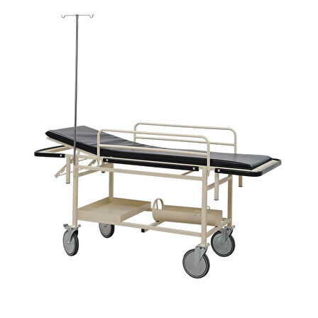 Büyük Teker Sedye | 150 mm Tekerlekli, Antibakteriyel Minderli, Serum Askılı ve Malzeme Raflı E-213