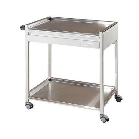 Paslanmaz Çelik Raflı Cihaz ve Pansuman Arabası | Paslanmaz Üst ve Alt Tezgahlı, Çekmeceli, Antibakteriyel Gövdeli, İtme Kollu E-237/B