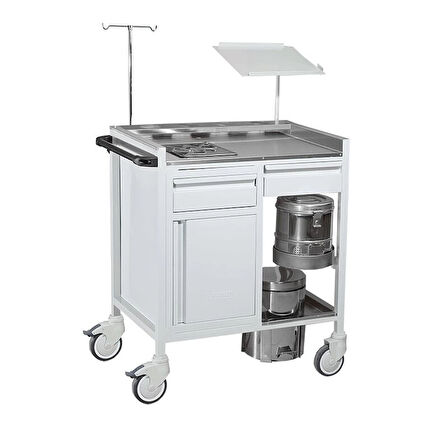 Trommelli ve Leğenli Pansuman Arabası | Paslanmaz Çelik Gövde, Antistatik Tekerlekli E-254/D