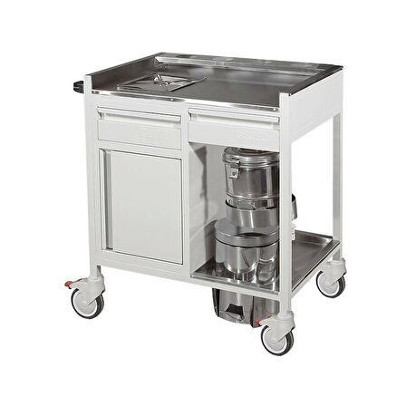 2 Çekmeceli ve Dolaplı Pansuman Arabası | Paslanmaz Üst Tezgahlı, Trommelli, Antibakteriyel Gövdeli E-254