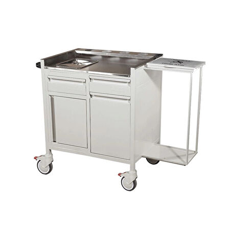 2 Çekmeceli ve Dolaplı Pansuman Arabası | Paslanmaz Üst Tezgahlı, Dosyalıklı, Antibakteriyel Gövdeli E-254/A