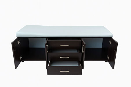 Ahşap Muayene Masası | 2 Dolaplı, 3 Çekmeceli ve Manuel Sırt Ayarlı Sağlam Yapı