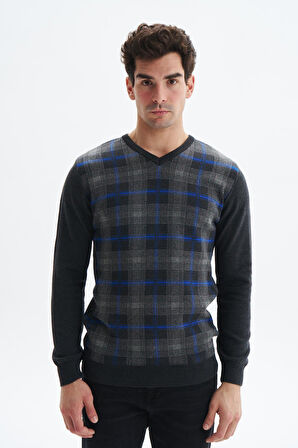Arma Erkek Slim Fit Likralı Akrilik Kumaş V Yaka Kareli Kazak K0KRO0860 