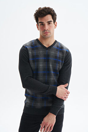 Arma Erkek Slim Fit Likralı Akrilik Kumaş V Yaka Kareli Kazak K0KRO0860 