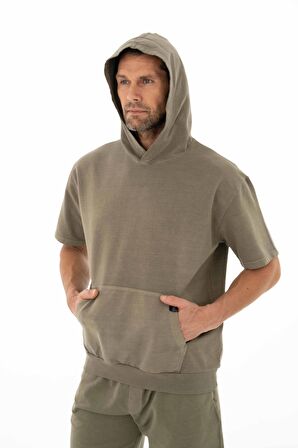 Arma Erkek Oversize Kısa Kollu Kanguru Cepli Kapşonlu Sweatshirt 