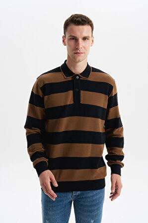 Arma Erkek Ribanalı Regular Fit Çizgili %100 Pamuk Ringel Ottoman Kumaş Polo Yaka Düğmeli Sweatshirt K30554952602 