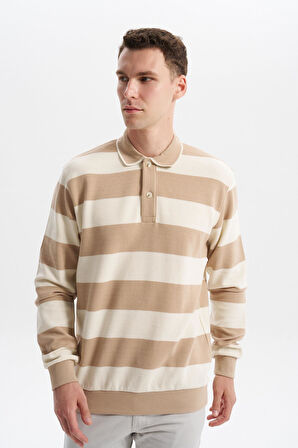 Arma Erkek Ribanalı Regular Fit Çizgili %100 Pamuk Ringel Ottoman Kumaş Polo Yaka Düğmeli Sweatshirt K30554952602 