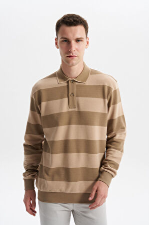 Arma Erkek Ribanalı Regular Fit Çizgili %100 Pamuk Ringel Ottoman Kumaş Polo Yaka Düğmeli Sweatshirt K30554952602 