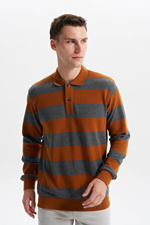 Arma Erkek Ribanalı Regular Fit Çizgili %100 Pamuk Ringel Ottoman Kumaş Polo Yaka Düğmeli Sweatshirt K30554952602 