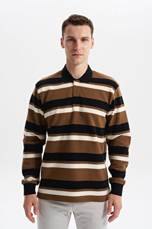 Arma Erkek Ribanalı Büyük Beden Battal Boy Çizgili %100 Pamuk Ringel Ottoman Kumaş Polo Yaka Düğmeli Sweatshirt K30554801702 