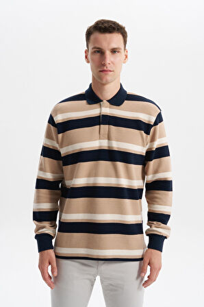 Arma Erkek Ribanalı Büyük Beden Battal Boy Çizgili %100 Pamuk Ringel Ottoman Kumaş Polo Yaka Düğmeli Sweatshirt K30554801702 