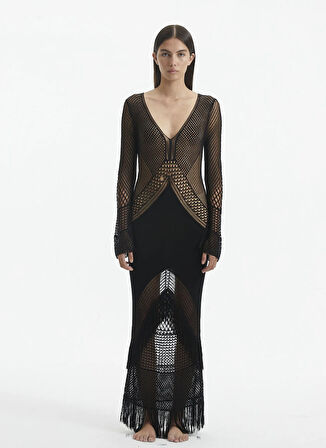 Moeva V Yaka Örgü Desenli Siyah Standart Kadın Elbise ELBA