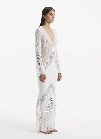 Moeva V Yaka Örgü Desenli Beyaz Standart Kadın Elbise ELBA