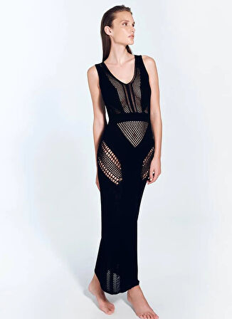 Moeva V Yaka Örgü Desenli Siyah Standart Kadın Elbise IZZY
