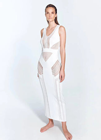 Moeva V Yaka Örgü Desenli Beyaz Standart Kadın Elbise IZZY