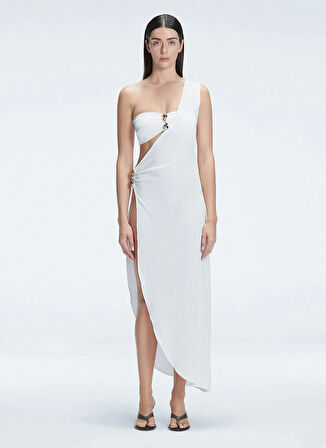 Moeva Tek Omuz Yaka Düz Beyaz Standart Kadın Elbise CORALINE