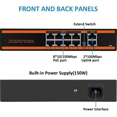 Nova ND1P802LFG 8 Port Poe+ 10-100 Mbps 2 Port 10-100-1000 Uplink Switch 150W