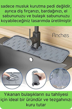 Mutfak Banyo Lavabo Silikon Musluk Arkası Mat Oluklu Su Tutucu Tezgah Üstü Bulaşık Kurutma Pedi