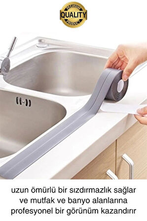 Premium Gri Ocak Tezgah Kenarı Banyo Mutfak Sızdırmaz Bant Su Geçirmez Küfe Dayanıklı 3,2 mt 1 Adet