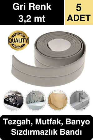 Premium Gri Ocak Tezgah Kenarı Banyo Mutfak Sızdırmaz Bant Su Geçirmez Küfe Dayanıklı 3,2 mt 5 Adet