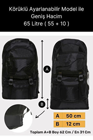 65 Lt Ortopedik Dayanıklı Büyük Boy Çok Gözlü Su Geçirmez Körüklü Kamp Trekking Outdoor Sırt Çantası