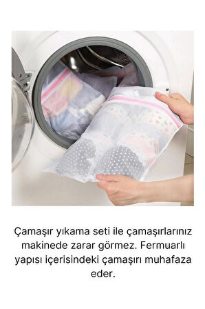 Çok Fonksiyonlu Dayanıklı Yıkama Renkli Fermuarlı Kirli Temiz Sepeti Fileli Çamaşır Torbası 3 Adet