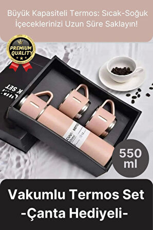 Kaliteli Paslanmaz Çelik Çift Katmanlı Sıcak Soğuk 3 Bardaklı Vakumlu Termos Çanta Hediyeli 550 Ml