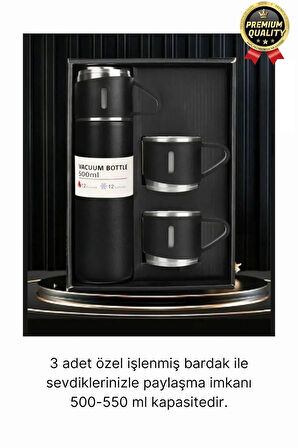 Kaliteli Paslanmaz Çelik Çift Katmanlı Sıcak Soğuk 3 Bardaklı Vakumlu Termos Çanta Hediyeli 550 Ml