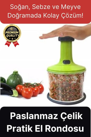 Premium Pratik Paslanmaz Çelik Sebze Meyve Soğan Doğrama Bıçaklı Üstten Basmalı El Rondosu Blender