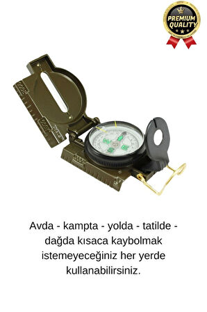 Premium Metal Taşınabilir Katlanır Tel Kılavuzlu Büyüteçli Göstergeli Ordu Yeşili Kamp Askeri Pusula