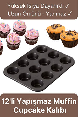 Çok Amaçlı Mutfak Yüksek Isıya Dayanıklı Yıkanabilir Yanmaz Yapışmaz 12'li Kek Muffin Cupcake Kalıbı
