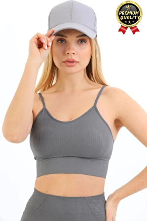 Göğüs Toparlayıcı Sarkma Önleyen Gündelik Spor Kullanım İnce İp Askılı Pedli Çizgili Crop Büstiyer