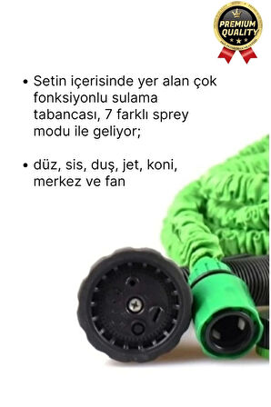 Çok Amaçlı Kırılmaz Dolaşmaz 7 Fonksiyonlu Bahçe Sulama Araç Yıkama Tabancalı Uzayan Hortum 22,5 Mt
